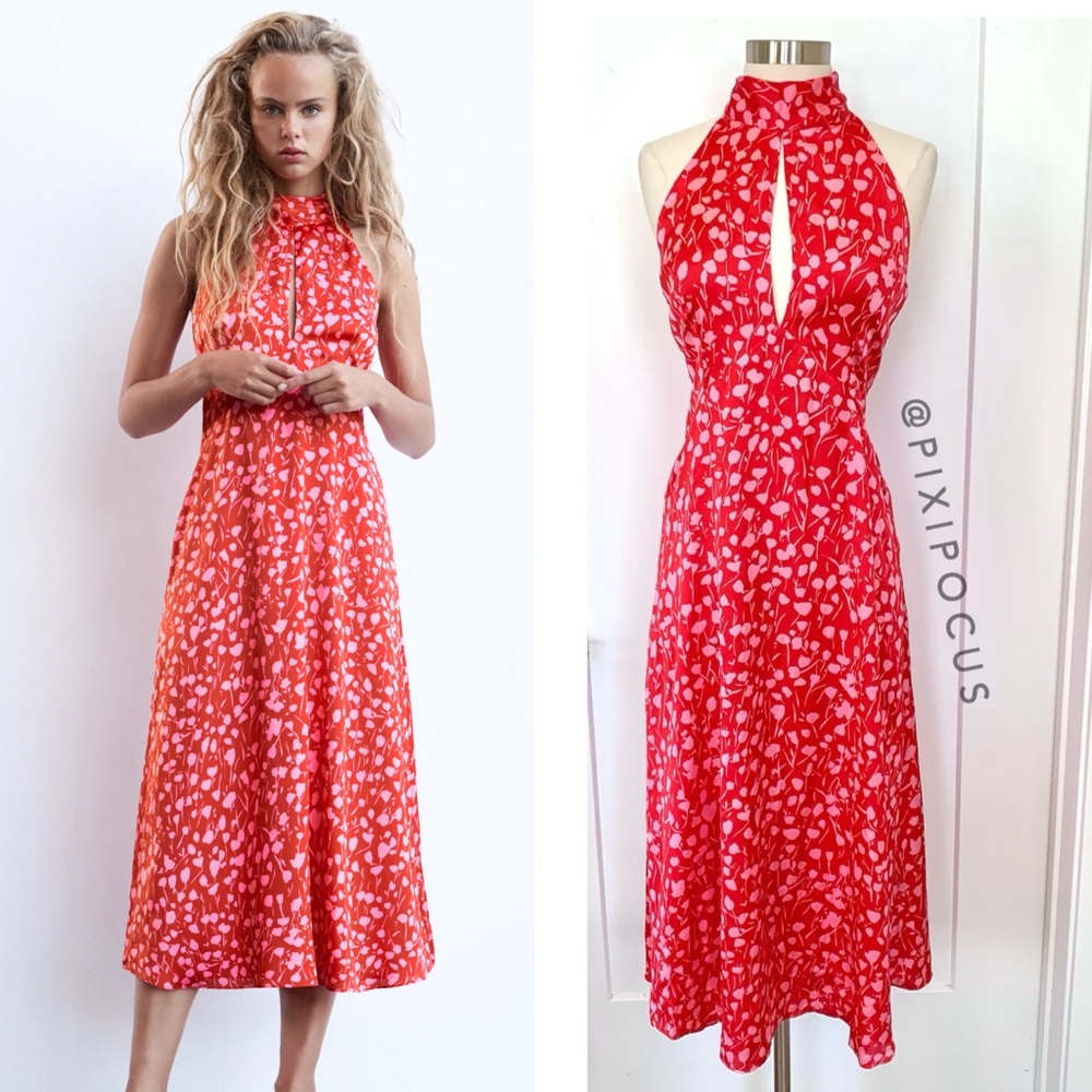 ZARA Red Satin Midi Dress Halter Neck